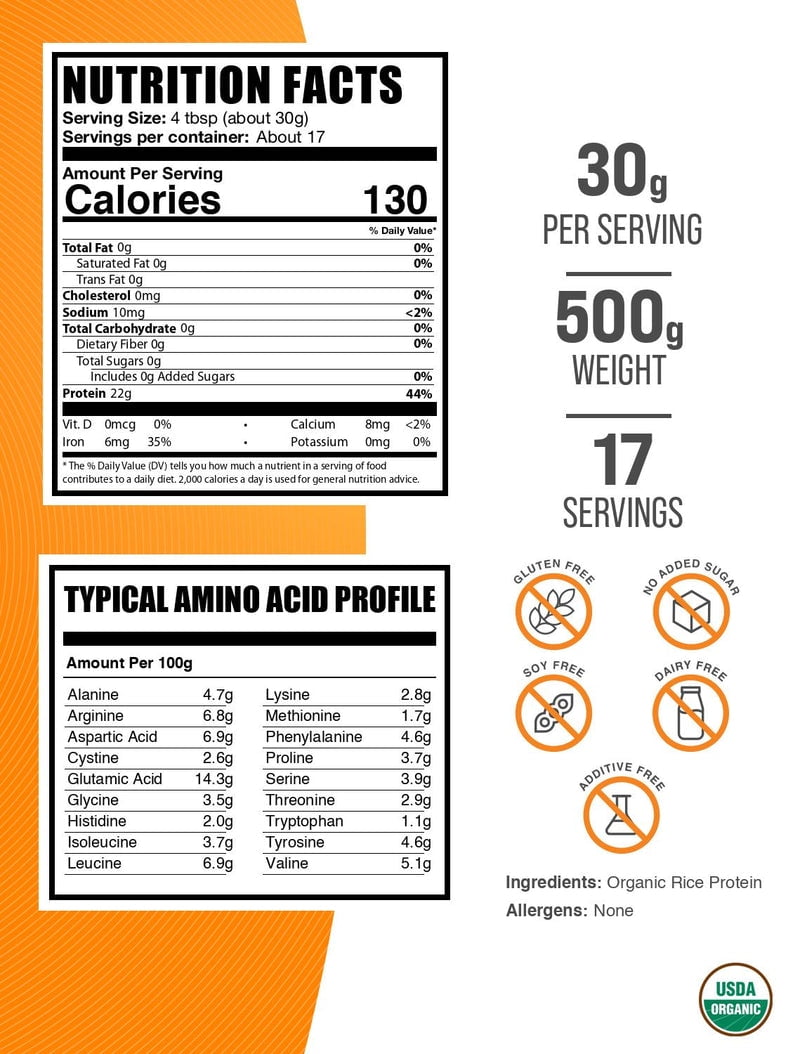 BulkSupplements Organic Rice Protein Powder - Non-Dairy Protein Supplement, Unflavored, 30g per Serving, 500g (1.1 lbs)