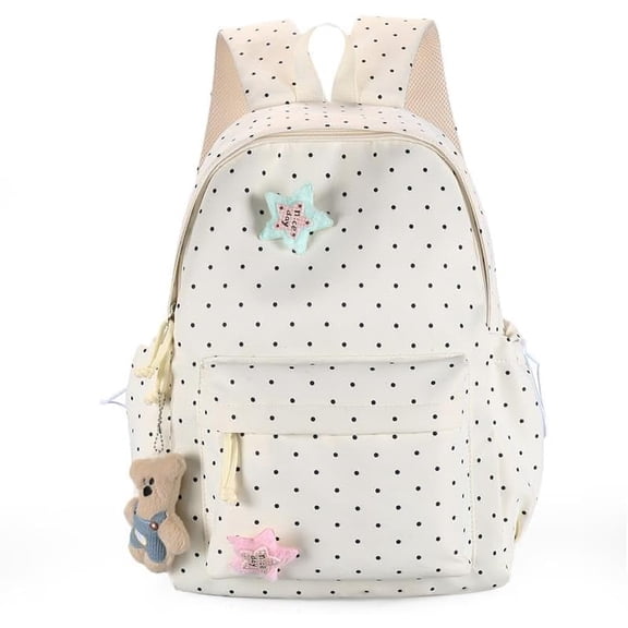 PRIYAL Cute Backpack Kawaii Polka Dot Backpack Aesthetic Rucksack Travel Daypack with Star Pins and Bear Pendant