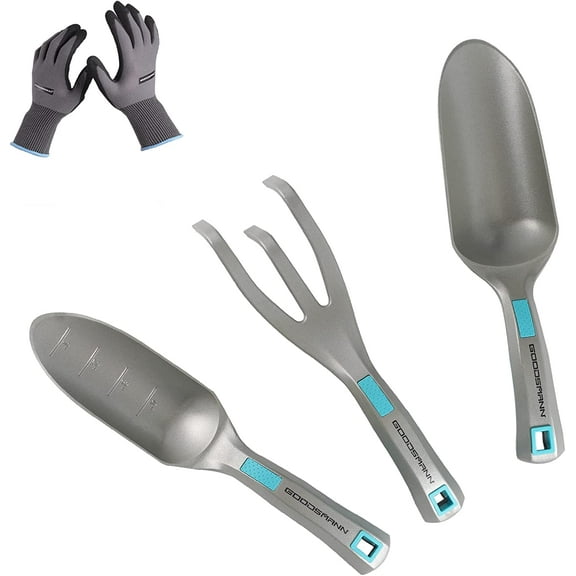 GOODSMANN Garden Tools Set, 3 Piece All One Piece Die-Cast Aluminum Gardening Kit, Hand Trowel, Marker Measurements Transplanter and Cultivator Garden Hand Shovel for Digging Weeding Planting