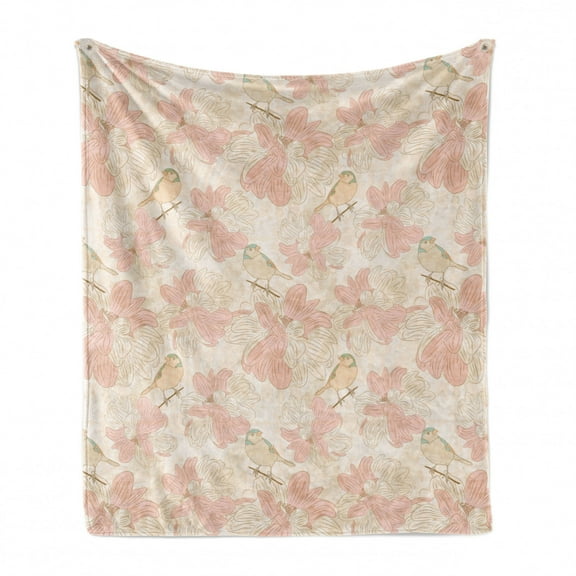 Botanical Soft Flannel Fleece Throw Blanket, Birds on Branches and Blooming Vintage Flowers, Cozy Plush for Indoor and Outdoor Use, 60" x 80", Blush Peach, by Ambesonne