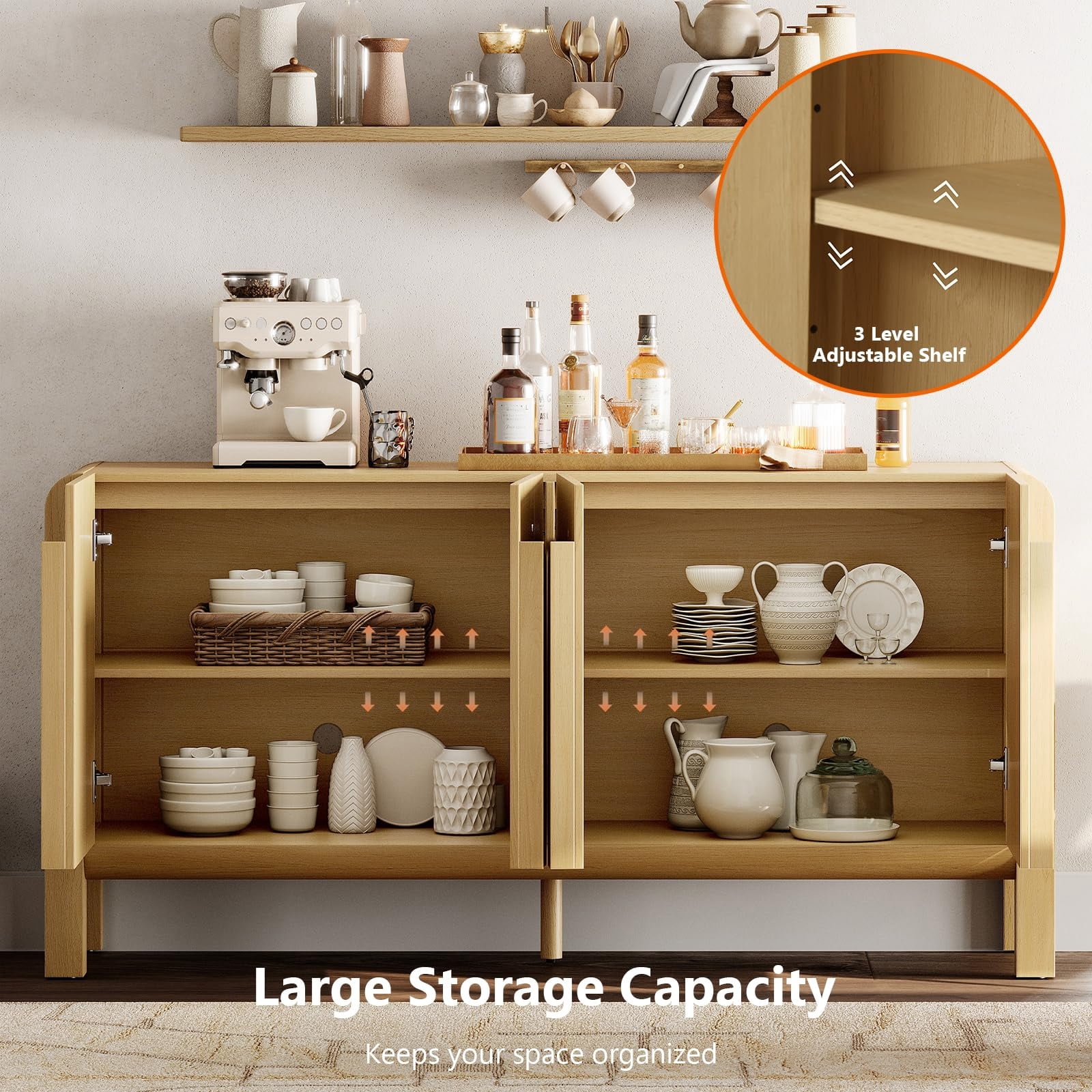 Mid-Century Modern 126" Sideboard Buffet with Storage, 3-Piece Wood Credenza with Doors and Adjustable Shelves for Kitchen，Living Room