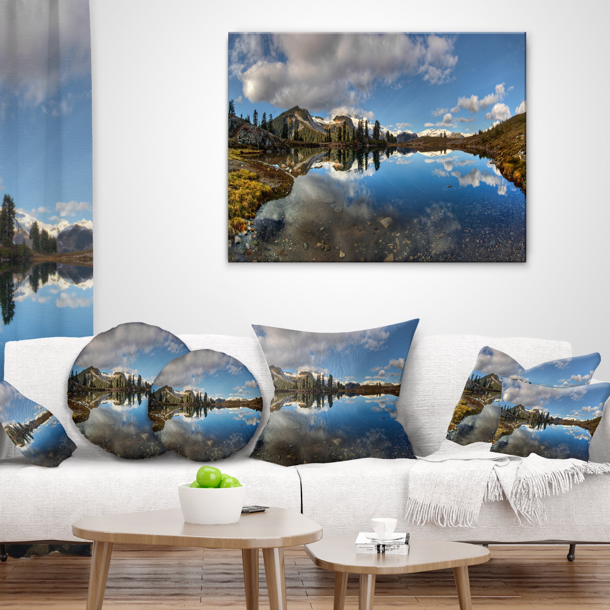Designart Clear Lake with Pine Trees Panorama - Landscape Printed Throw Pillow - 18x18