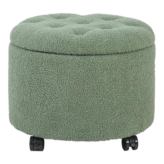 Round Storage Ottoman with Rolling Wheels, Teddy Foot Rest Stool Tufted Footstool for Living Room, Bedroom, Dorm, Green