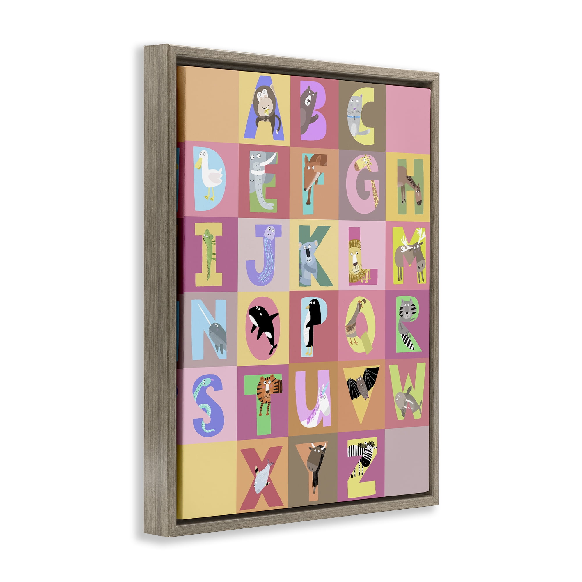 Stupell Industries Animal Alphabet in Pink Brown Framed Floater Canvas Wall Art, design by Carla Daly