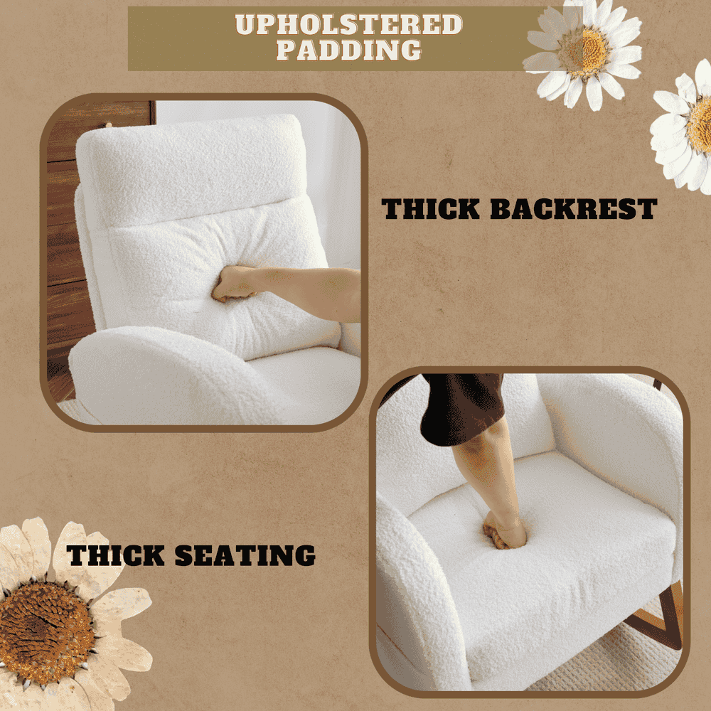 GVN Bedroom Rocking Chair Rocking Chairs & Gliders,White Rocking Chair Nursery With Thick Headrest, Modern Nursing Rocker Glider With Curved Armrest