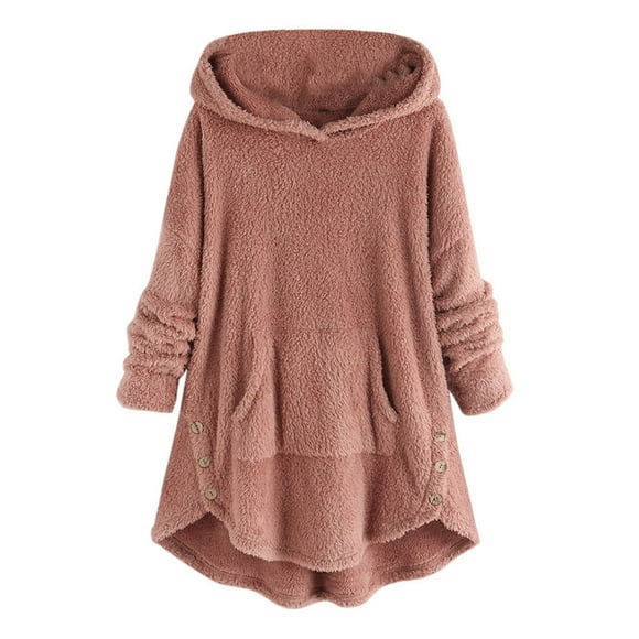 DDAPJ pyju Fleece Hoodies for Women 2024 Clearance,Cat Ear Fuzzy Hooded Sweatshirt Side Button Plush Tops Thick Warm Winter Long Hoodie Dress Basic Solid Loungewear with Pocket
