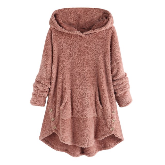 Mode Femmes Bouton Col en V Chandail à Enfiler Hauts Manches Longues Blouse à Capuche Chandail