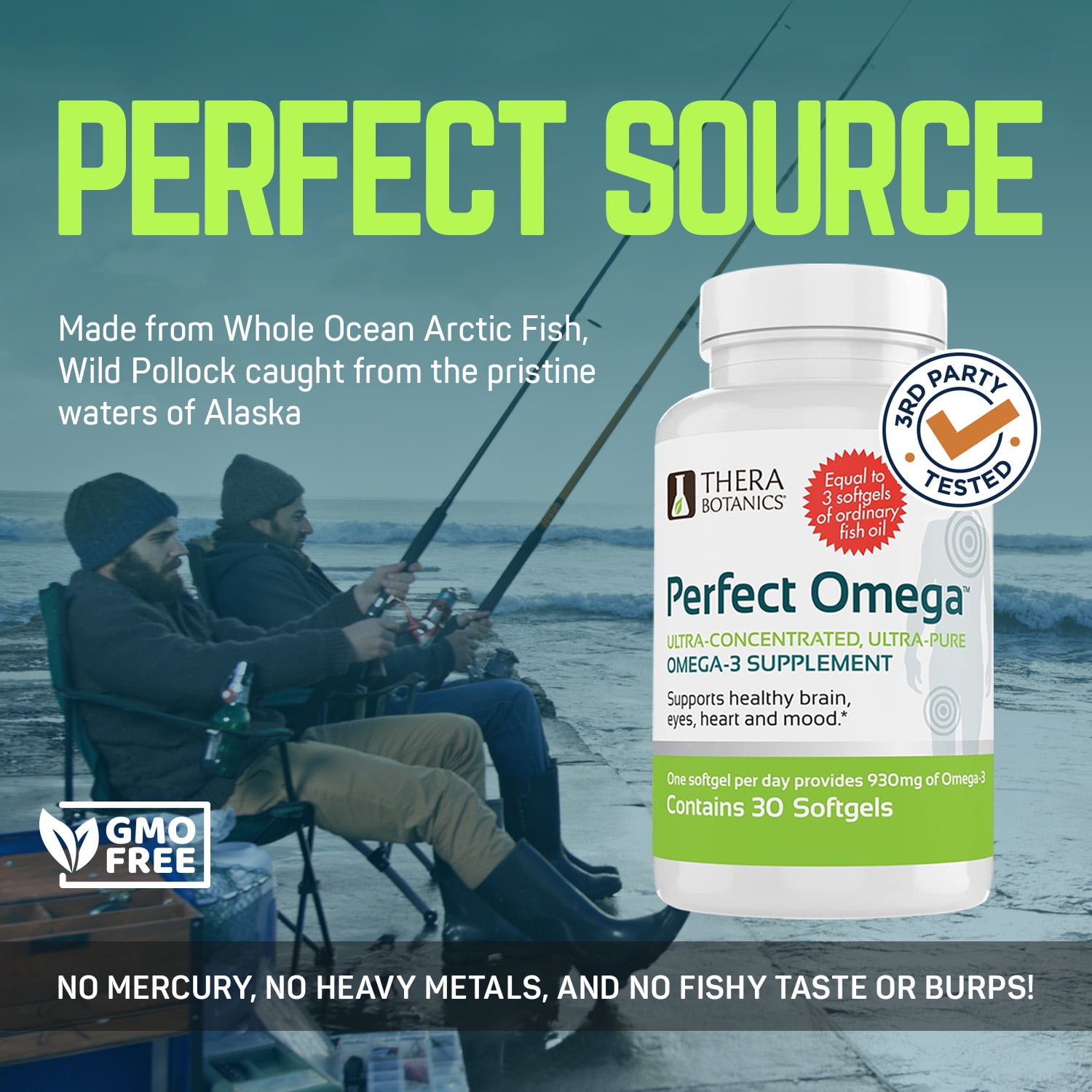 Perfect Omega Fish Oil Supplement by Therabotanics - EPA & DHA - High Absorption, Concentrated Omega 3 for Cardiovascular / Heart, Brain, Eye, & Metabolic Health. 30 Alaskan Fish Oil Softgels