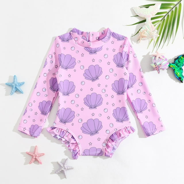 Toddler Girl Bathing Suits Rash Guard Ruffle Floral Pattern Long Sleeve Sun Protection Baby Girl Swimsuit 2-3 Years