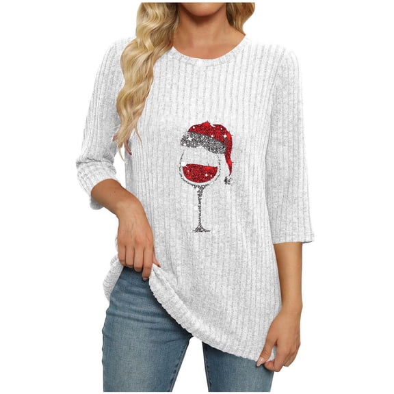 Ltctricy Women's Tunic Tops 3/4 Length Sleeve Crew Neck Curved Hem Christmas Printed Ribbed Knit T Shirts Casual Tee Blouses(White,X-Large)