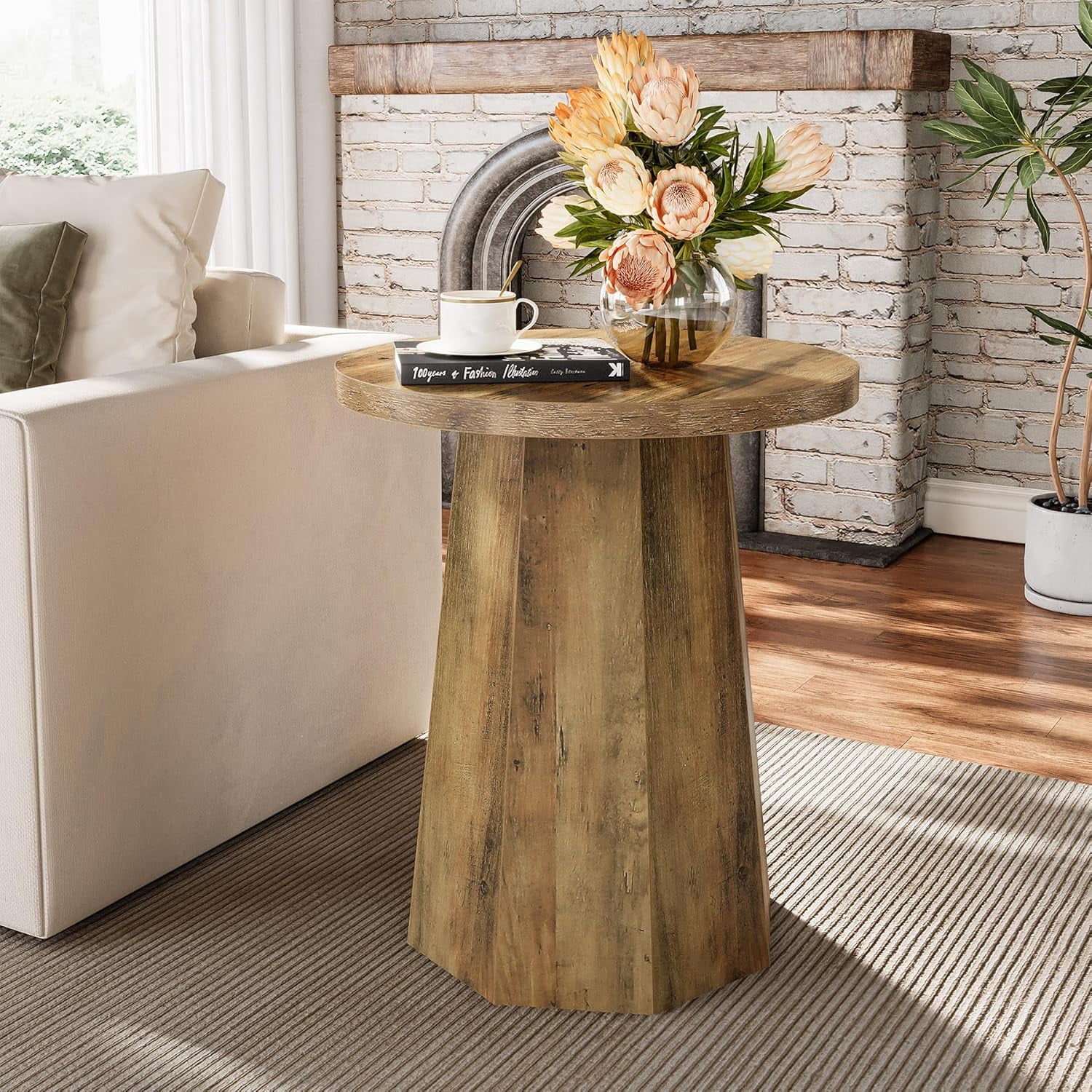Tribesigns Farmhouse Round End Table, Wooden Couch Side Table with Octagonal Base for Living Room, Bedroom