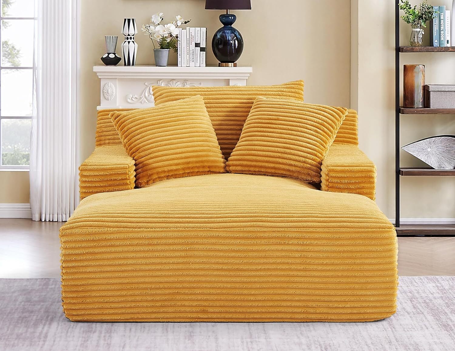 AENKYO Oversized Corduroy Chaise Lounge Chair – Extra Wide Cloud Couch Daybed with 3 Pillows, No Assembly, Deep Seat Sleeper Sofa for Living Room & Bedroom, Yellow
