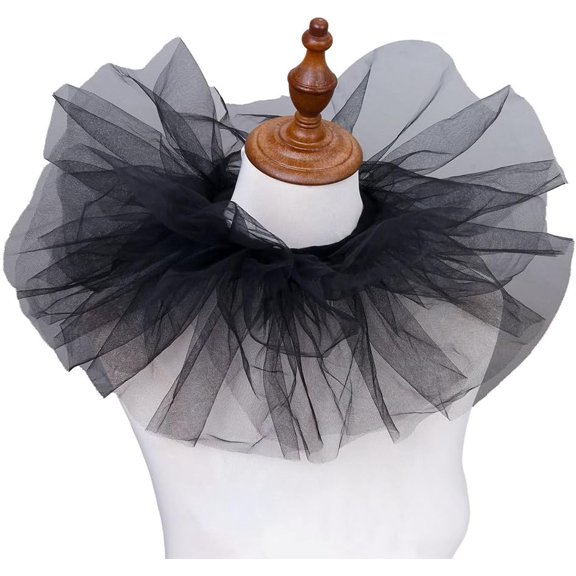 Black Mesh Tulle Ruffled False Collar Retro Victorian Renaissance Ruff Detachable Lace Up Sheer Pleated Layered Decorative Cape Clown Neck Collars for Women Costume Cosplay