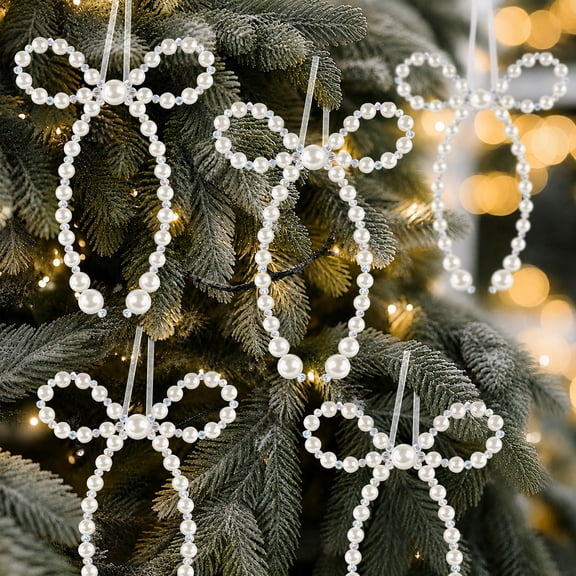 15 Pack White Pearl Bow Ornament, Handmade Faux Pearl Bow Hanging Ornament Pendant Gift for Christmas Tree, Gift Box and Wedding Bouquet