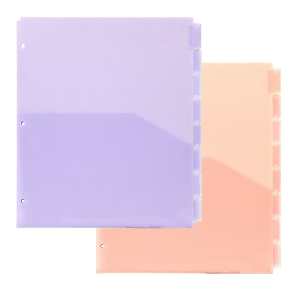 2 Sets Binder Dividers with Pockets and Tabs, 8 Tabs Plastic Dividers for 3 Ring Binder, A4 Subject Dividers for Notebooks Cards Recipes Sheets (purple & pink)
