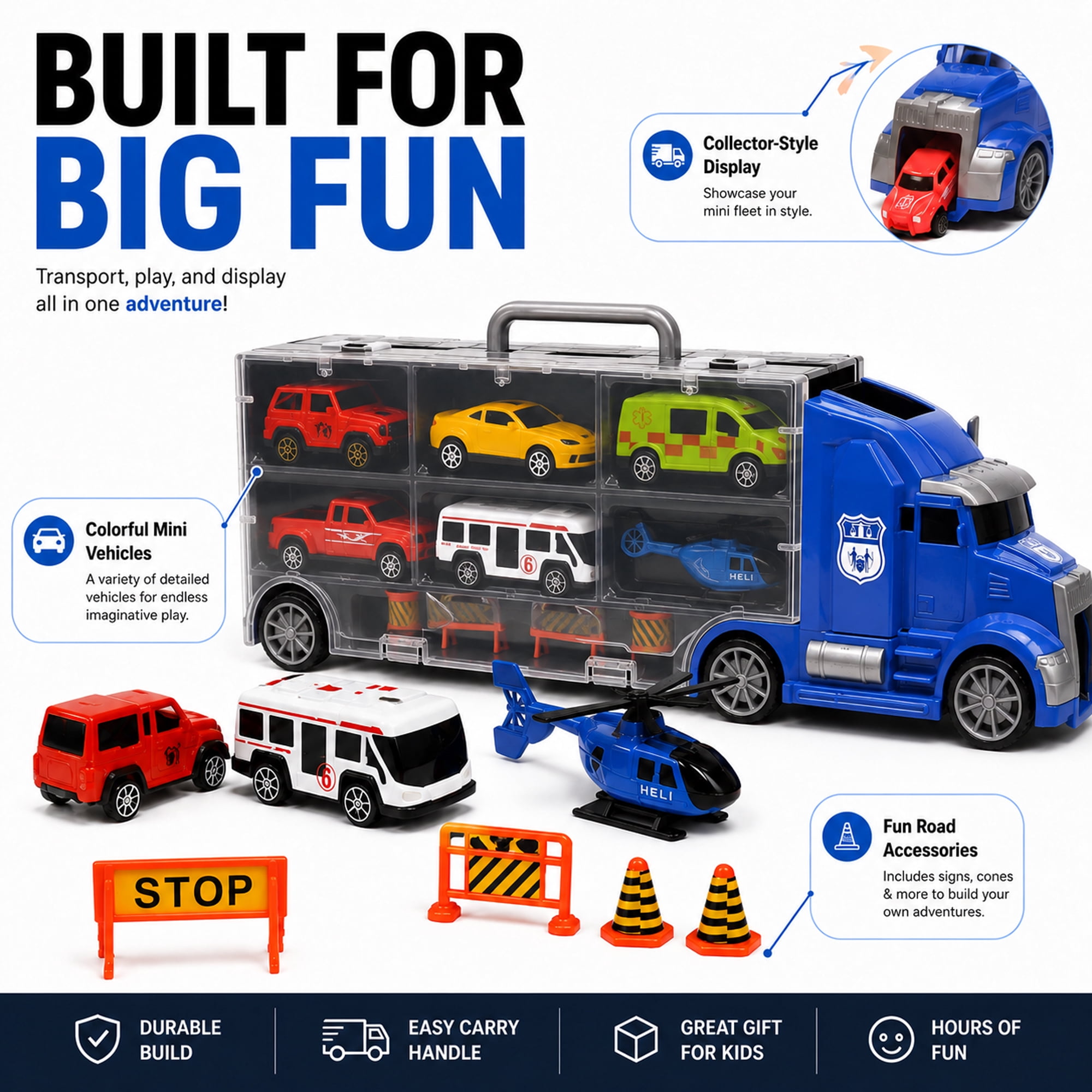 11-Piece Toy Truck Carrier Set with Mini Vehicles, Big Rig Transporter Playset with Cars, Helicopter, Bus & Road Signs, Storage Truck Toy for Kids Ages 3+