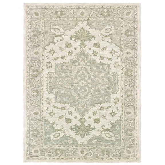 HomeRoots  Medallion Rectangle Area Rug - Green & Cream - 8 x 10 ft.