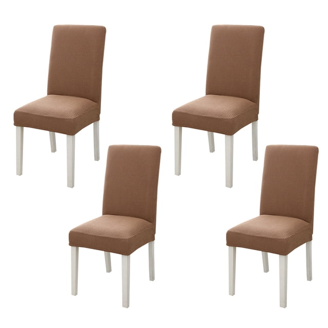 4Pcs Dining Chair Covers Stretch Chair Covers Chair Slipcover Chair Covers for Dining Room Home Restaurant. The image shows four dining chairs fitted with coffee-colored stretchable slipcovers made of polyester and spandex fabric. These covers are wrinkle-resistant, durable, and equipped with elastic bands for a snug fit. Suitable for protecting chairs from stains, dirt, and pet damage, they are ideal for use in dining rooms, restaurants, weddings, and other occasions.