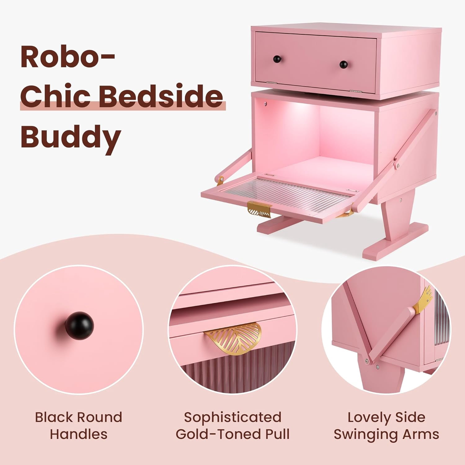 Heynemo Pink Nightstand with LED Light Strips 360° Rotating Drawer, Modern End Table with Glass Door Storage, Wood Bedside Table Cabinet for Living Room, Bedroom