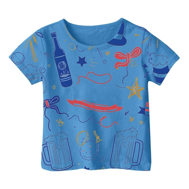 NINGMENG Hauts et T-Shirts pour Filles Enfants Été Imprimé Dessin Animé Col Rond Manches Courtes Coupe Ample Décontractée Sport Confortable Chandail Tee-Shirts Vêtements de Sport, Bleu, 6-7 Ans