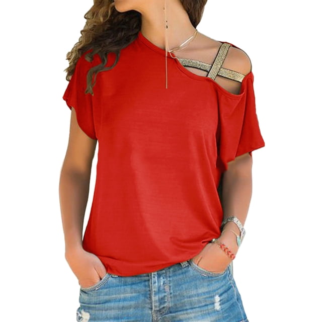 Mujeres Hombro Inclinado Cruz Manga Corta Tops Verano Moda Casual Suelto Color Puro Mujeres Hombro Frío Camisetas Naranja XL