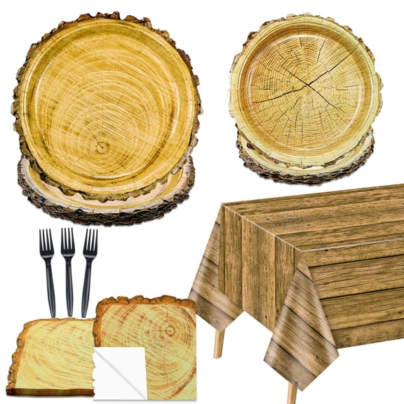 81Pcs Wood Party Decorations - Wood Paper Plates and Napkin Sets, Wood Grain Tablecloth for Lumberjack Rustic Party Decorations Woodland Decorations Camping Supplies, Serve 20