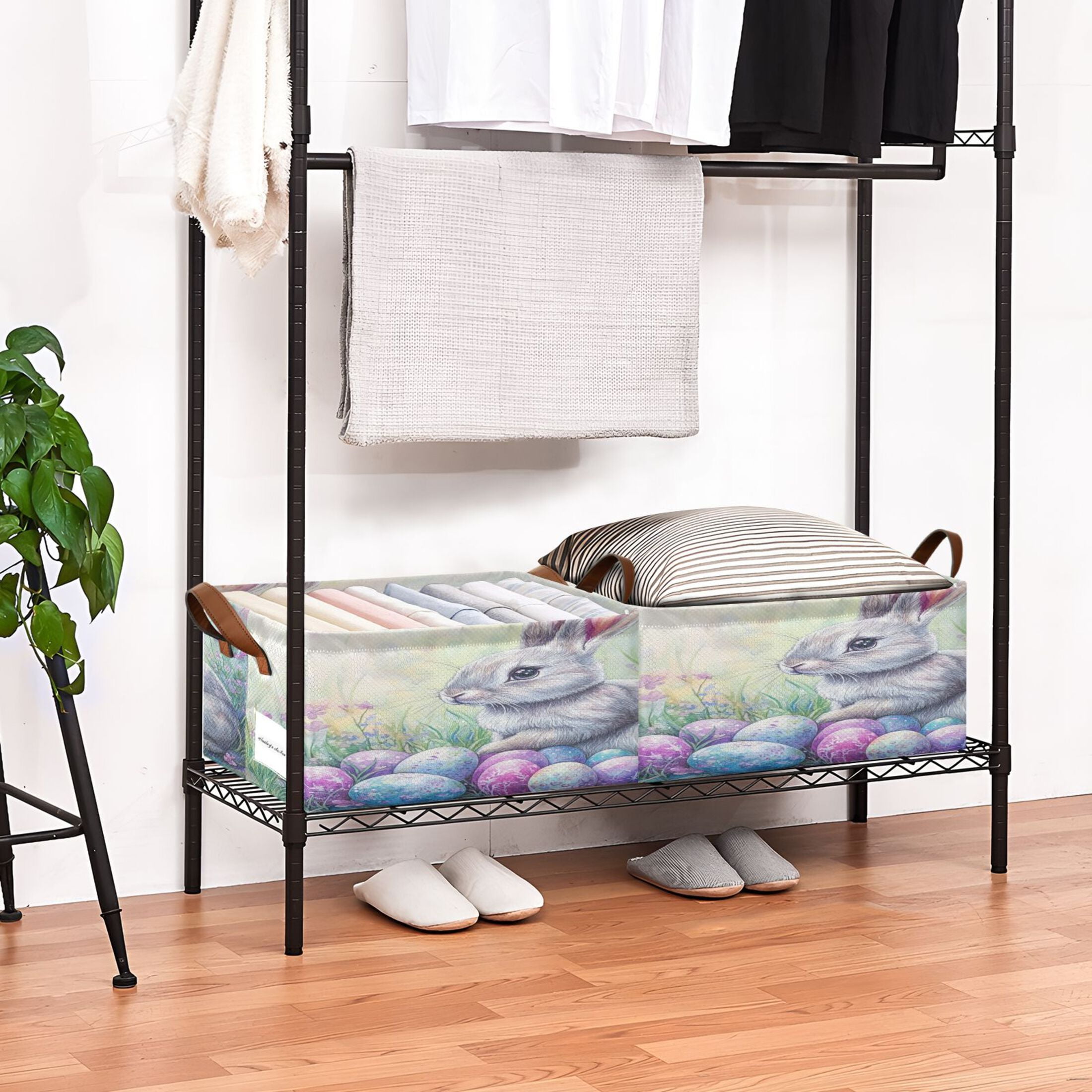 Wobogo Easter Blue Bunny Storage Basket Soccer Plaid Fabric Oversized Collapsible Hoard Box with Metal Iron Frame 16.9×11.4×7.7in