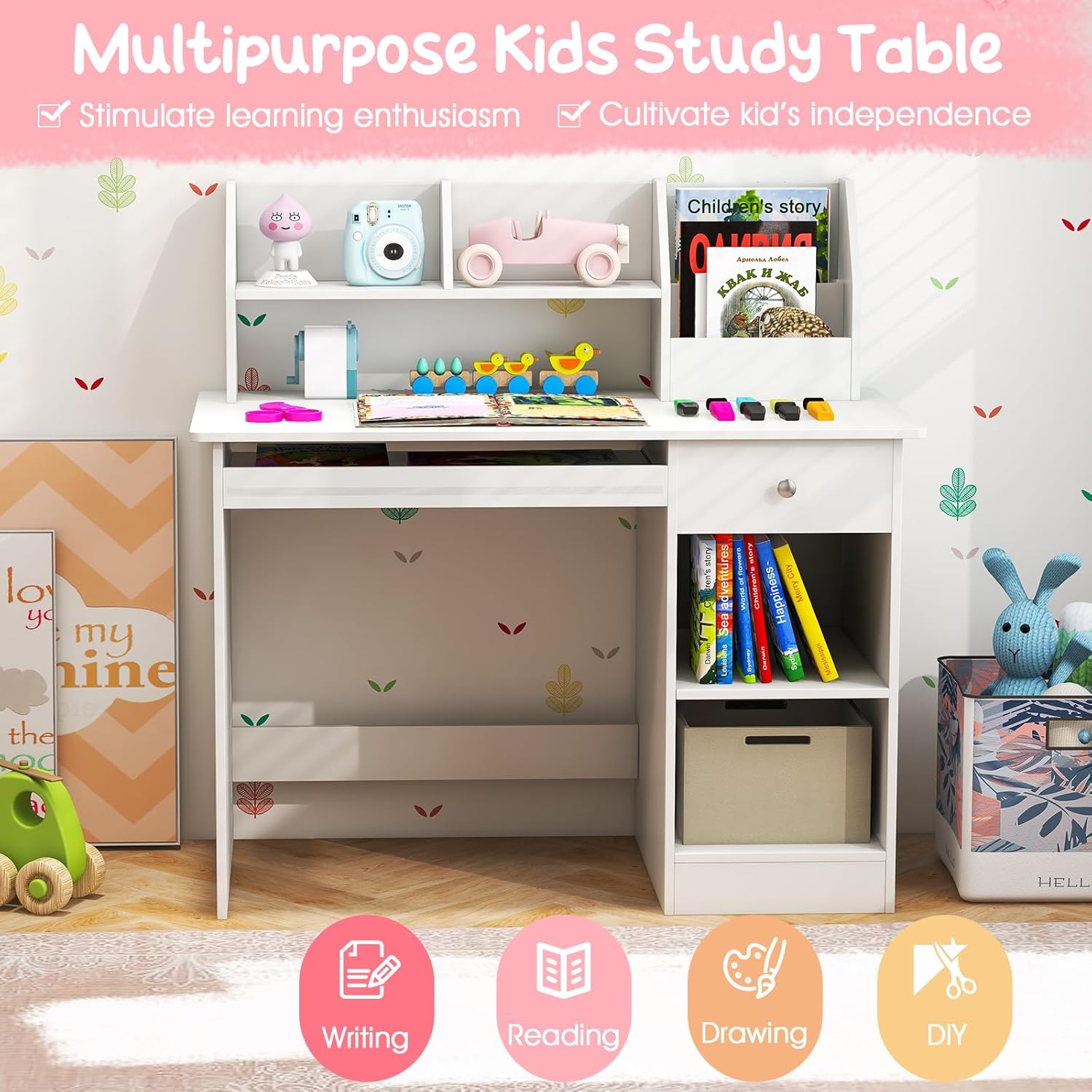 Kids Study Desk, Children Wooden Writing Table with Hutch, Bookshelf, Drawer, Keyboard Tray, Storage Shelves, White Student Computer Desk Workstation for Home School Use, Gift for Boys Girls