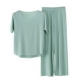 thumbnail image 2 of Womens 2 Piece Wrinkled Silk Pajamas Short Sleeve Sleepwear Top with Wide Soft Leg Pants Loungwear Sets, 2 of 6