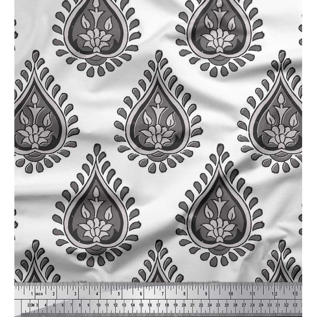 Soimoi Gray polyester Crepe Fabric Floral Block Print Fabric by the Yard 42 Inch Wide