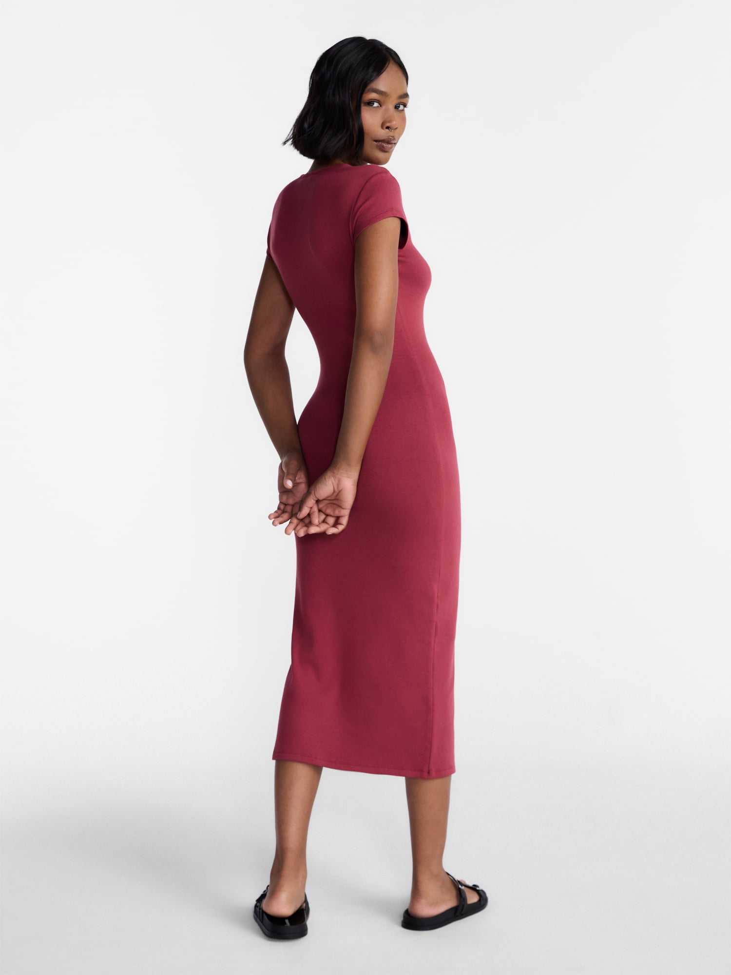 No Boundaries Crewneck Midi Dress with Short Sleeves, Women's XXS-XXL