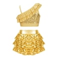 thumbnail image 2 of TiaoBug Kids Girls Gymnastic Dance Outfits Sequins Asymmetrical Shoulder Ruffle Crop Top with Skirted Shorts Set Gold 8, 2 of 5