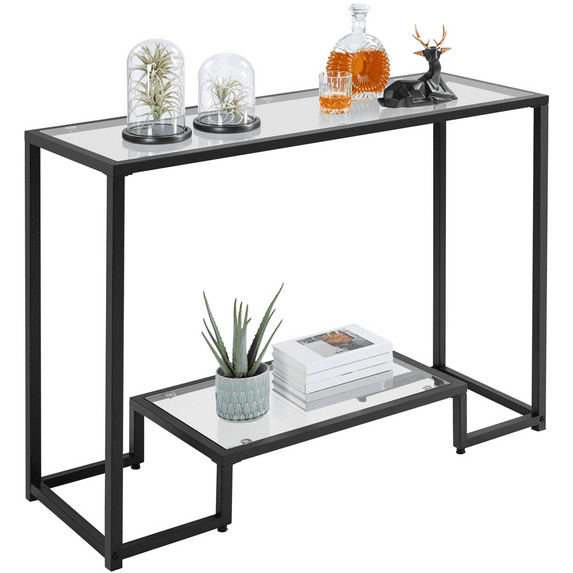 Yaheetech 2-layer Modern Tempered Glass Console Table for Hallway, Black
