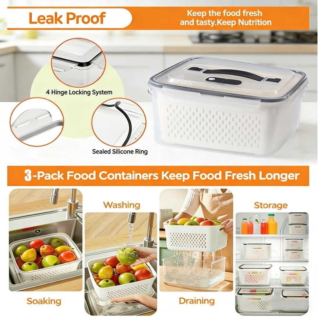 2026 New 4 in 1 Food Storage Container, Fruit Storage Containers for Fridge, Including Drain Basket, Produce Storage Containers with Lid and Strainer (S+M+L)