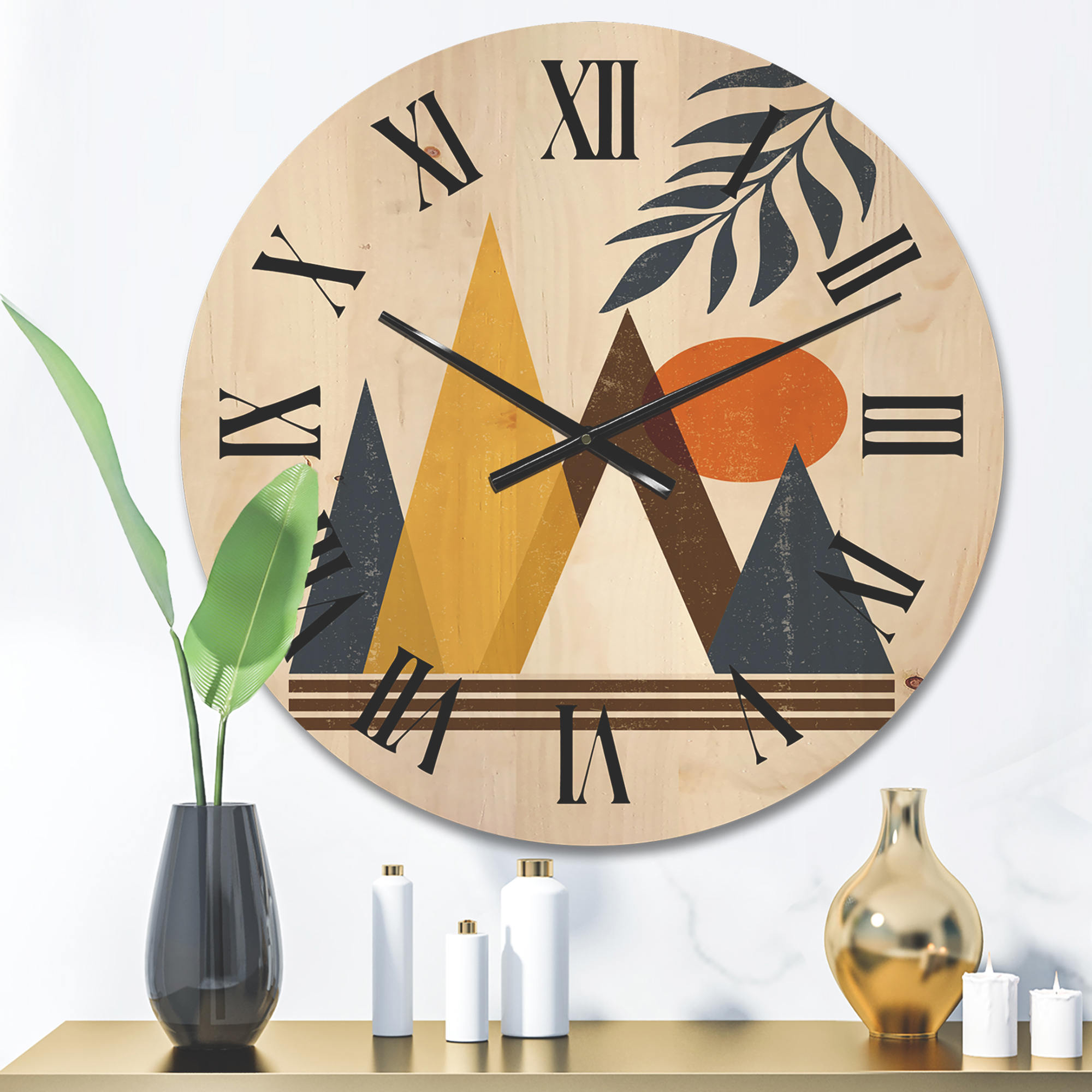 Designart 'Abstract Moon and Sun In Mountains I' Modern Wood Wall Clock