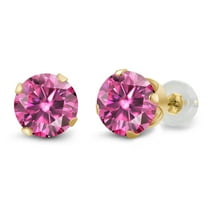 Gem Stone King 14K Yellow Gold Stud Earrings for Women Men with Comfort Backs Pink Round Moissanite (1.60 Cttw)