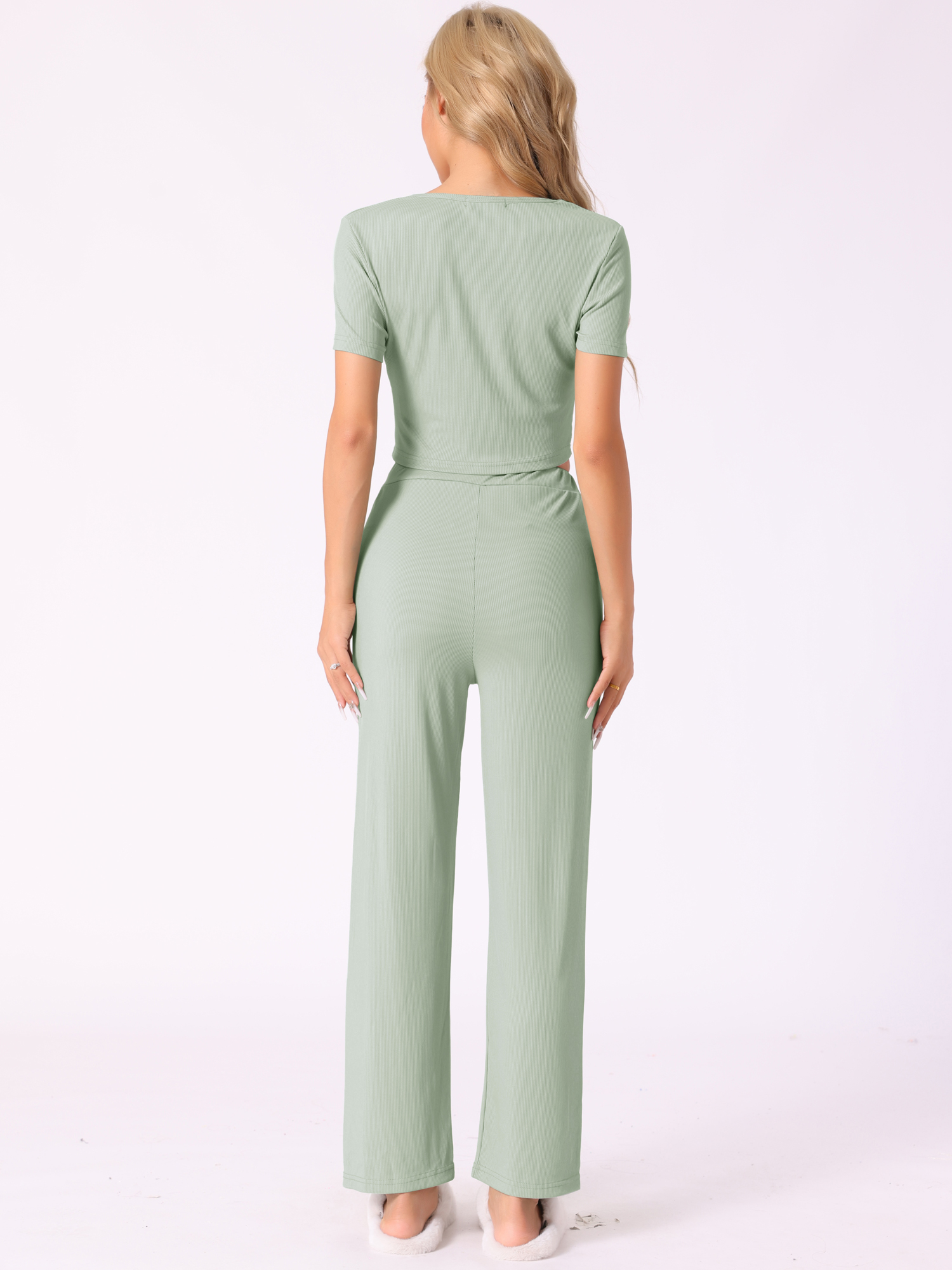 DARING DIVA Women's Short Sleeve Crop Top and Pants Pajama Set S Green