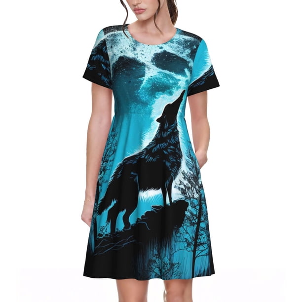 Balery Blue Full Moon Wolf Vestidos sueltos de manga corta para mujer, vestidos de verano 2025, vestidos casuales de corte A con vuelo.