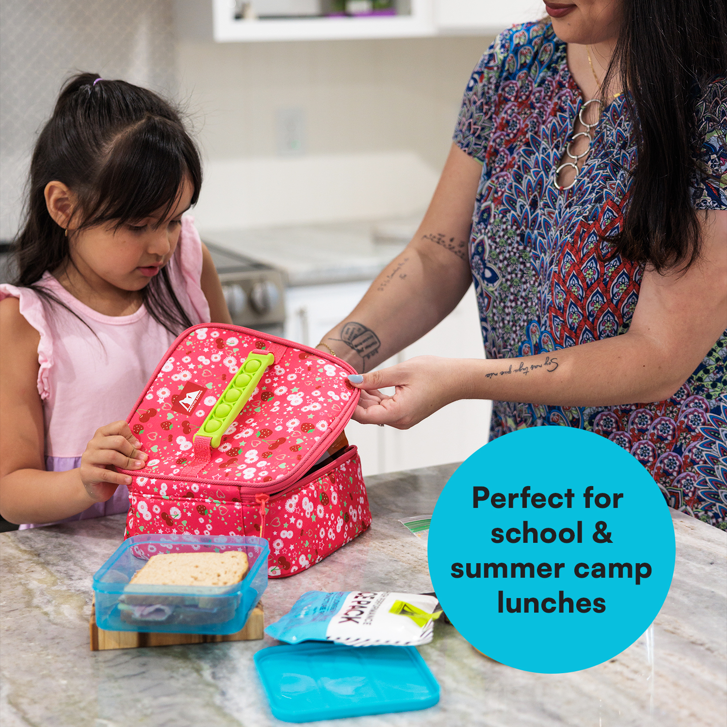 Arctic Zone Push & Pop Lunch Box Combo with Sensory Pop Handle, Ice Pack and Sandwich Container - Very Berry Cherry