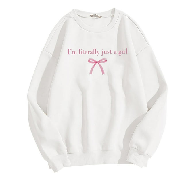 HNMKIU Vêtements pour Femmes Mignon Chandail en Molleton à Nœud Col Rond Lettre Graphique Chandail à Manches Longues