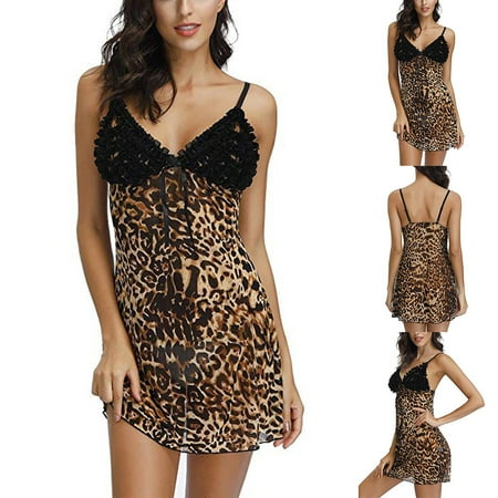 

Women Lingerie YDKZYMD 1 Piece Mesh Leopard Print Deep V Sleepwear Sexy Chemise Lace Bra and Panty Yellow