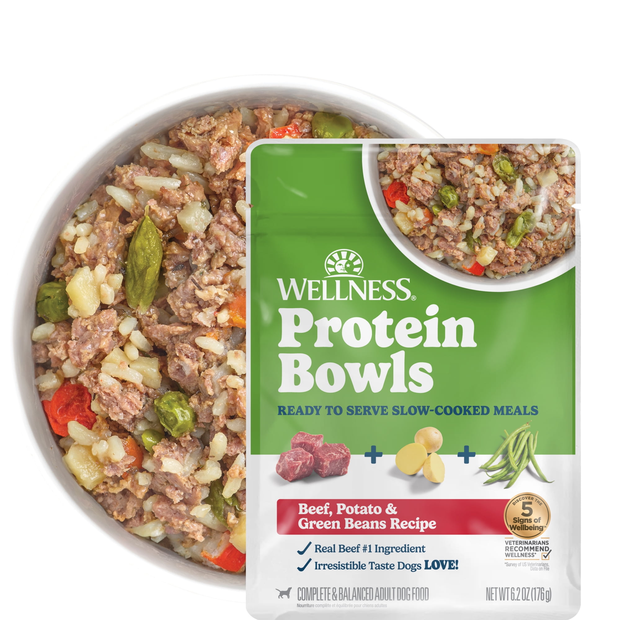 Wellness Protein Bowls, Adult Fresh Alternative Dog Food, Wholesome Grains, 6.2 Ounce Pouch, 6 Pack, (Beef, Potato & Green Beans Recipe)