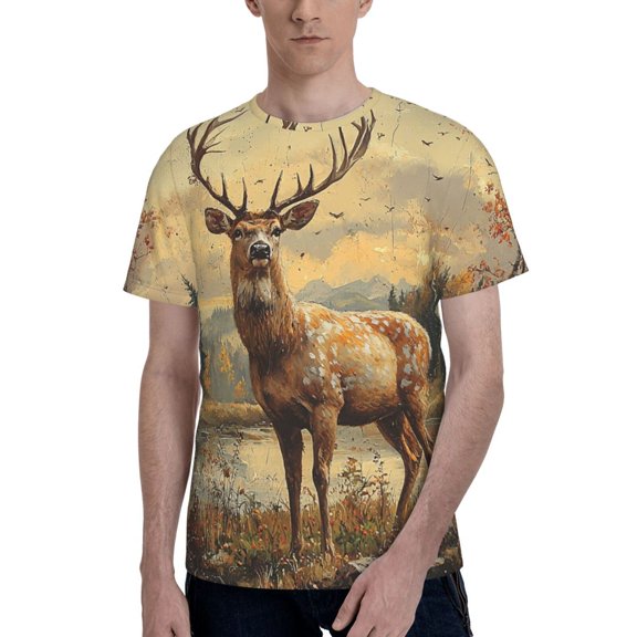 Men's 3D Graphic T-Shirts Short Sleeve Crewneck Tee, Vintage Hunting Deer