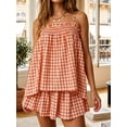 thumbnail image 6 of Women 2 Piece Lounge Set Plaid Summer Pajama Set Sleeveless Peplum Cami Top and Wide Leg Shorts Set Beachwear Vacation Outfits, 6 of 7