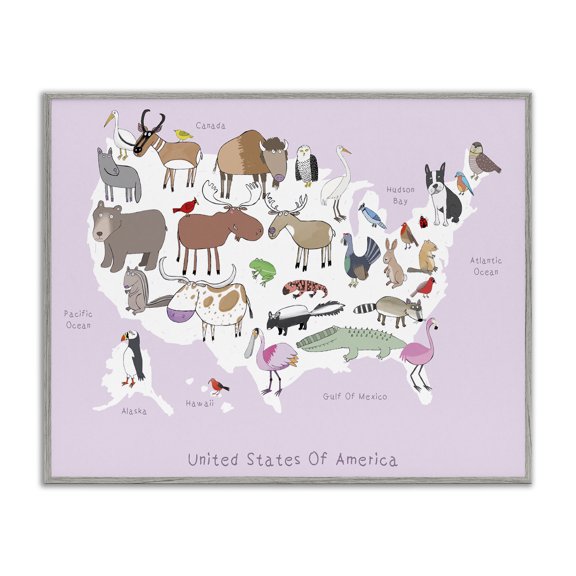 Stupell Industries Contemporary Pink United States Map of Wild Animals Gray Framed Giclee Art, 20 x 16, by Carla Daly