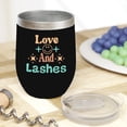 thumbnail image 2 of Love and Lashes Text with Pastel Colors, Beauty Themed Merch Gift for Makeup Artist or Lovers, Cosmetologists & Beauticians, Black 12oz Insulated Wine Tumbler, 2 of 5