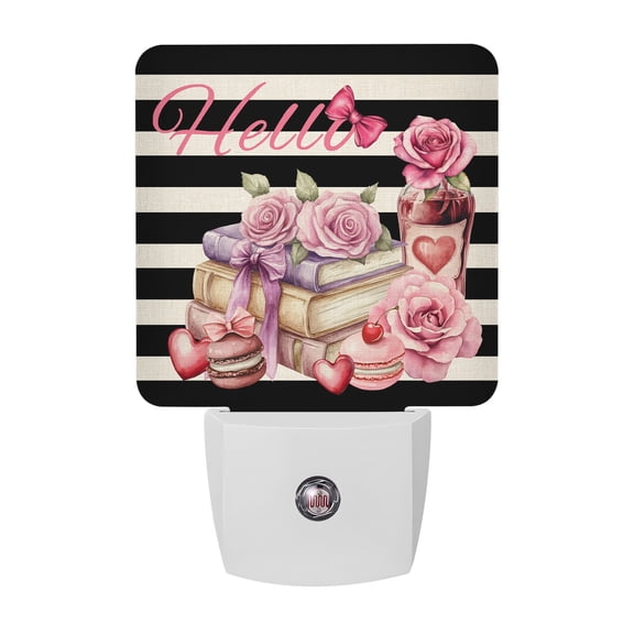 Night Lights Plug into Wall, Pink Rose LED Night Light with Dusk to Dawn Sensor, Books Cake Wine Black Beige Striped Decorative Nightlight for Hallway Bathroom Kitchen