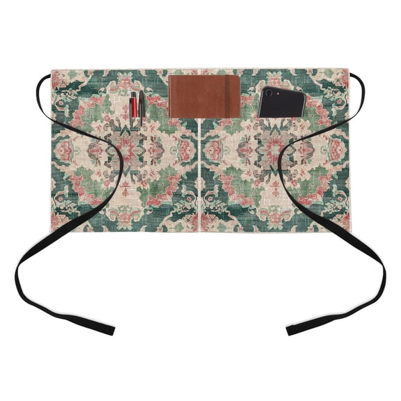Vintage Abstract Flowers Kitchen Restaurant Half Waist Apron, Red Green Medieval National Style Server Short Apron with 3 Pockets Waterproof Oil Waist Aprons for Women Waitress Waiter