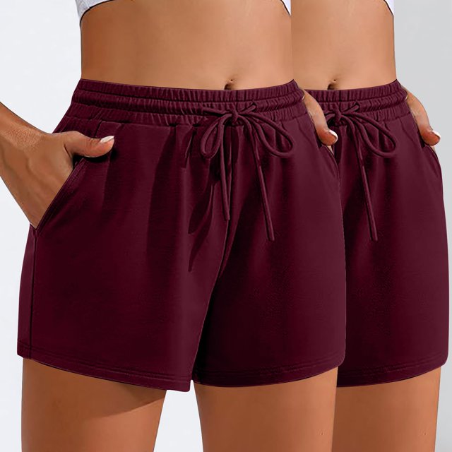 Gspmoly Shorts de Course pour Femmes, 2 Pcs Shorts de Sport Décontractés Unis à Cordon avec Poche Shorts de Randonnée Femmes Offres Prime Vin P