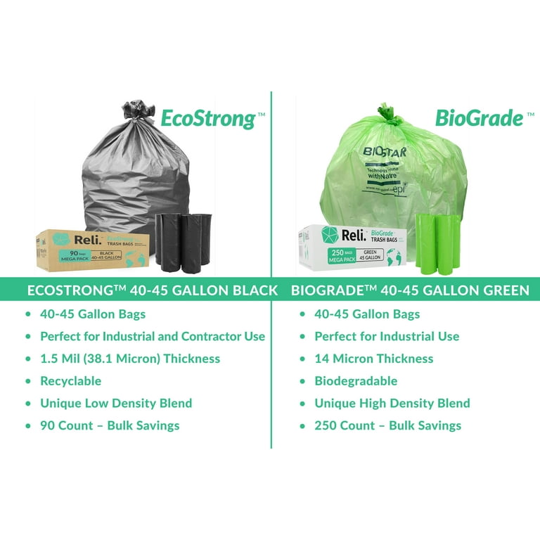 Reli. Eco-Friendly 40-45 Gallon Trash Bags (90 Bags) Recyclable 40 Gal - 44  Gal - 45 Gal Garbage Bags, Made of Recycled Material, Black Garbage Bags 